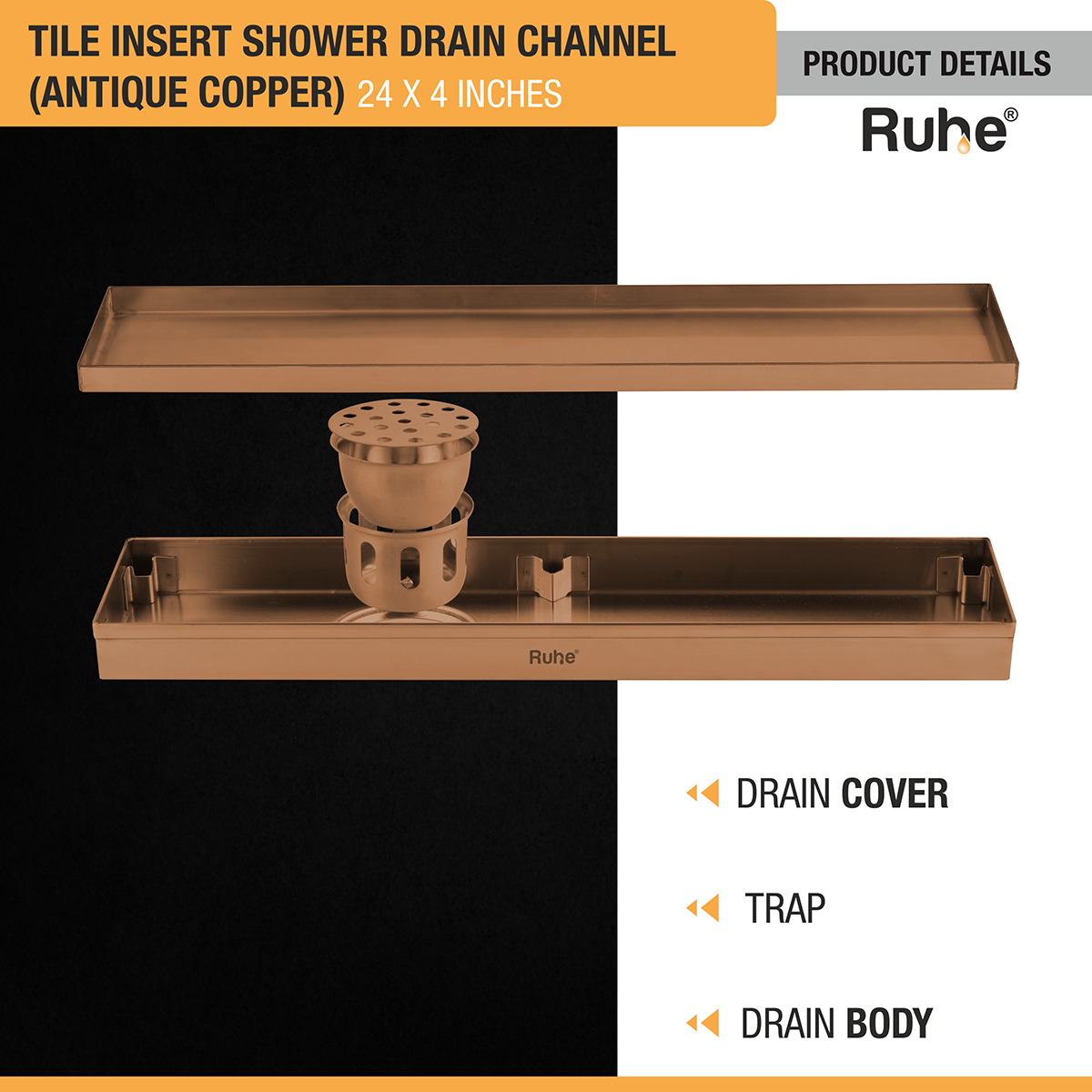 Tile Insert Shower Drain Channel (24 x 4 Inches) ROSE GOLD PVD Coated with drain cover, trap, and drain body