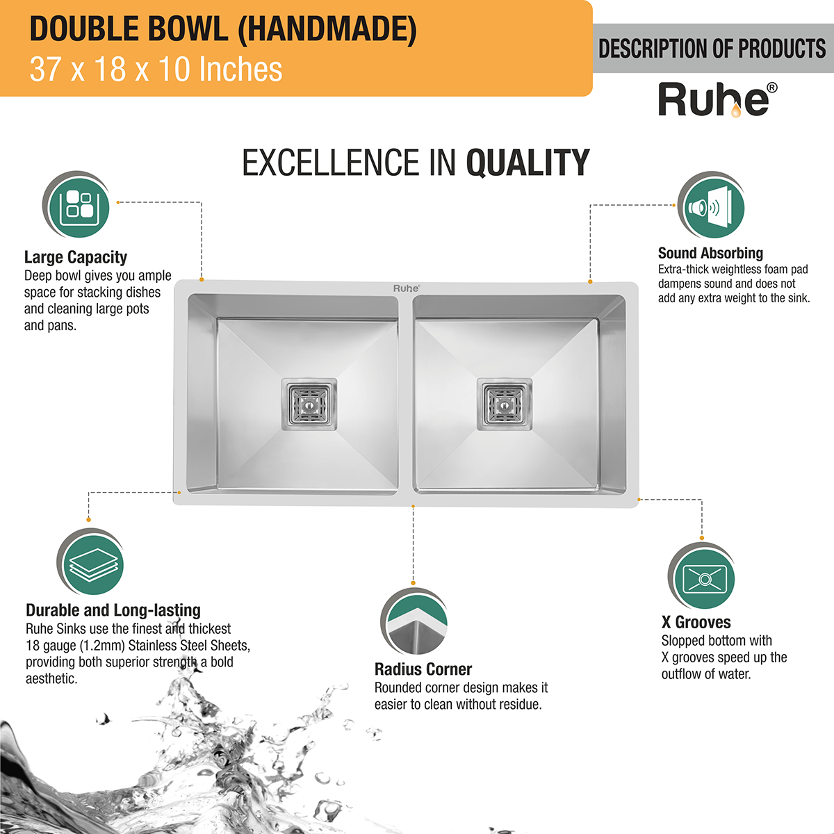 Handmade Double Bowl Premium Kitchen Sink (37 x 18 x 10 Inches) description of product