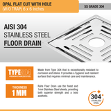 Opal Square Flat Cut 304-Grade Floor Drain with Hole (6 x 6 Inches) stainless steel