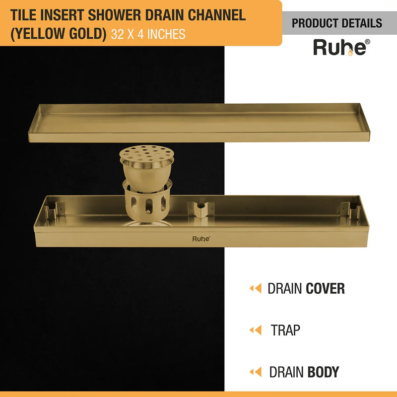 Tile Insert Shower Drain Channel (32 x 4 Inches) YELLOW GOLD PVD Coated - by Ruhe