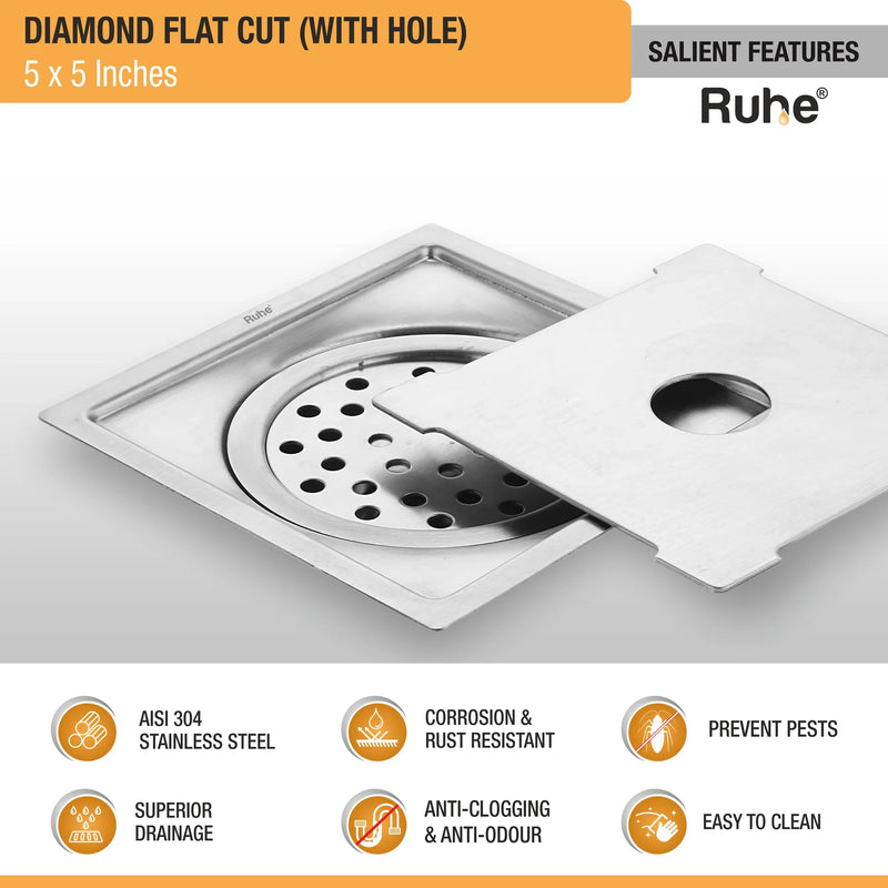 Diamond Square Flat Cut 304-Grade Floor Drain with Hole & Cockroach Trap (5 x 5 Inches) - by Ruhe