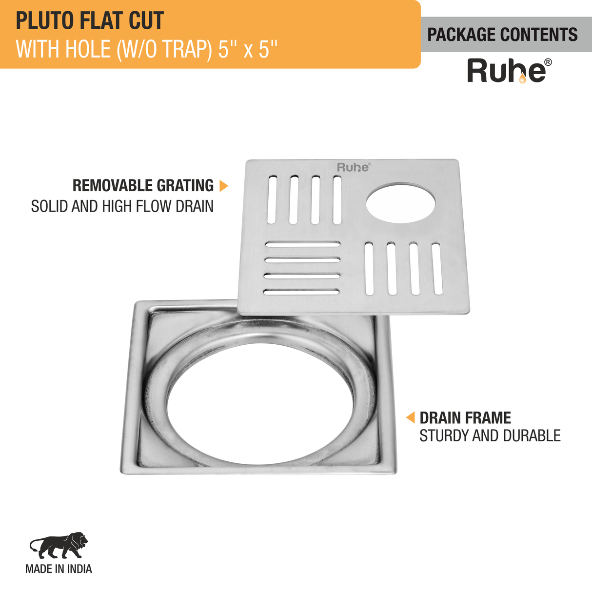 Pluto Square Premium Flat Cut Floor Drain (5 x 5 Inches) with Hole - by Ruhe®