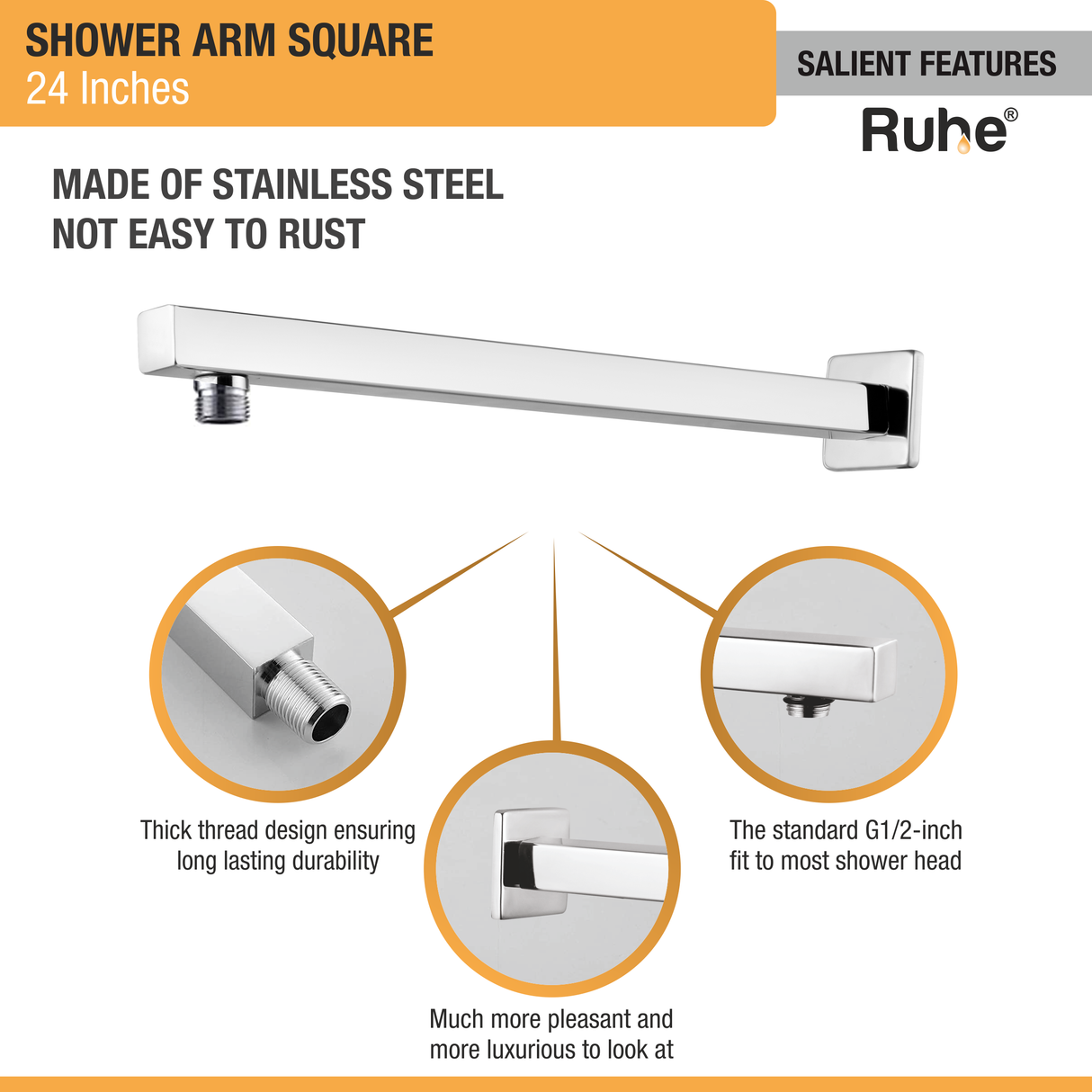 Square Shower Arm (24 Inches) with Flange - by Ruhe