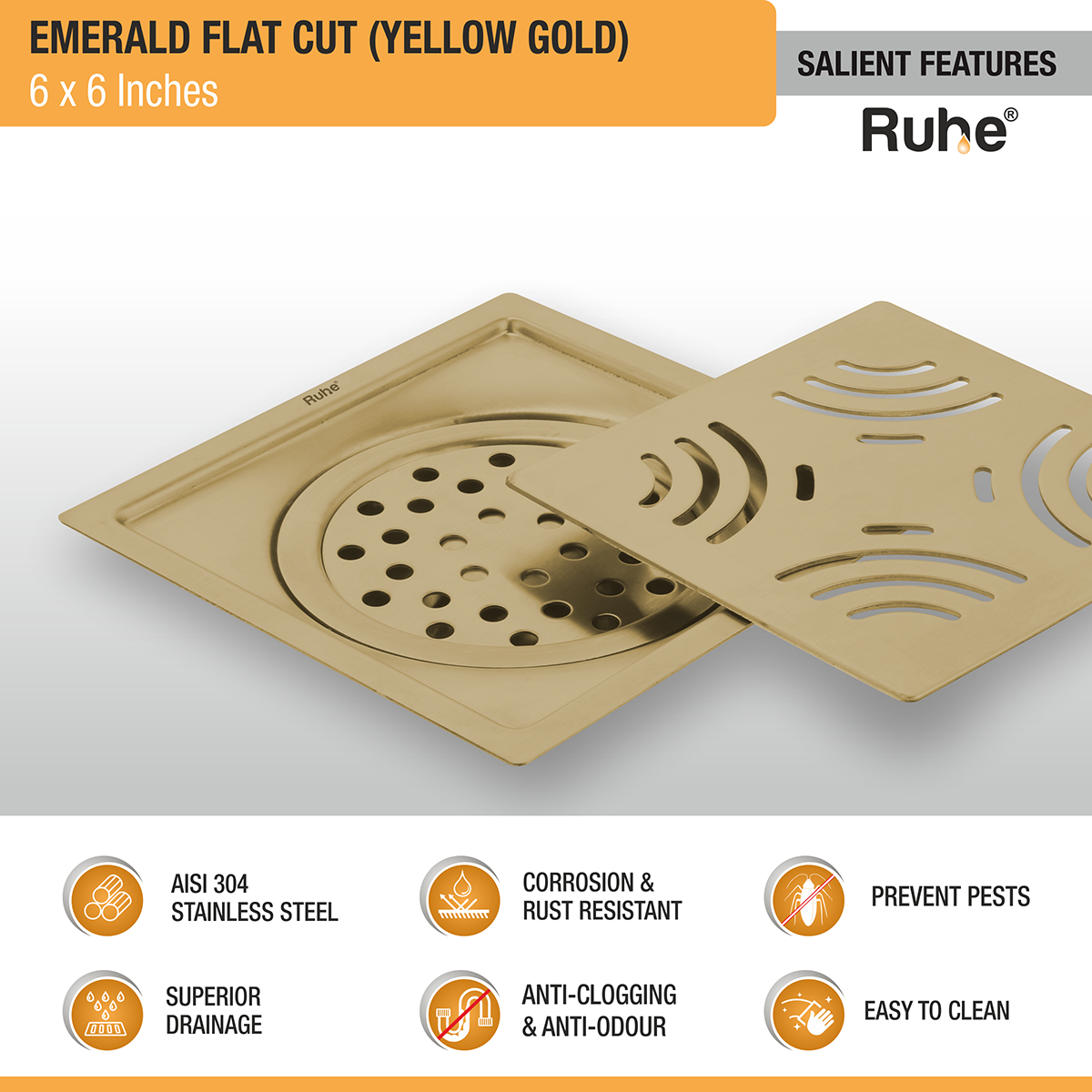 Emerald Square Flat Cut Floor Drain in Yellow Gold PVD Coating (6 x 6 Inches) features