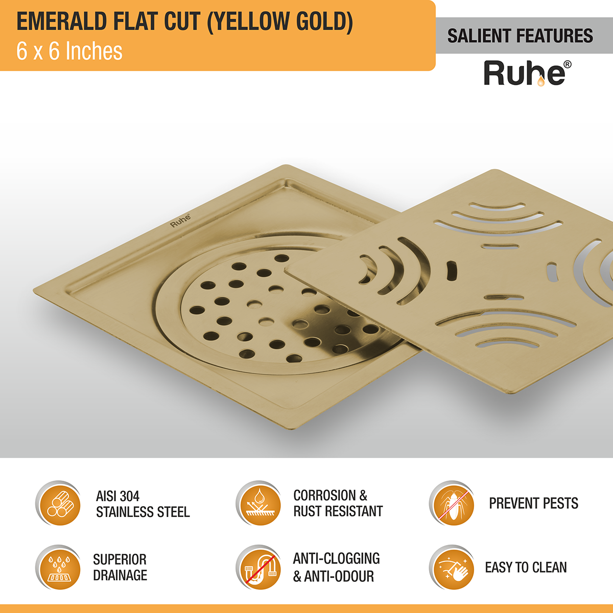 Emerald Square Flat Cut Floor Drain in Yellow Gold PVD Coating (6 x 6 Inches) - by Ruhe®