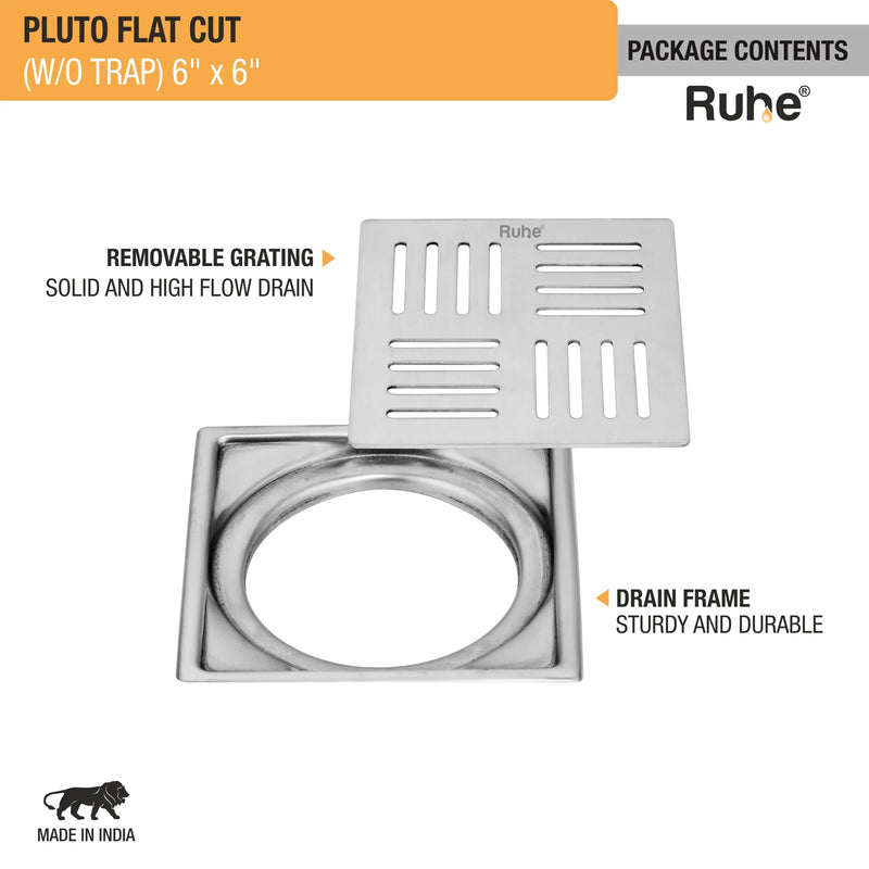 Pluto Square Premium Flat Cut Floor Drain (6 x 6 Inches) - by Ruhe