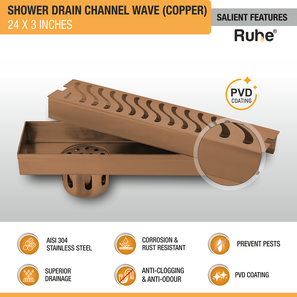 Wave Shower Drain Channel (24 x 3 Inches) ROSE GOLD/ANTIQUE COPPER features
