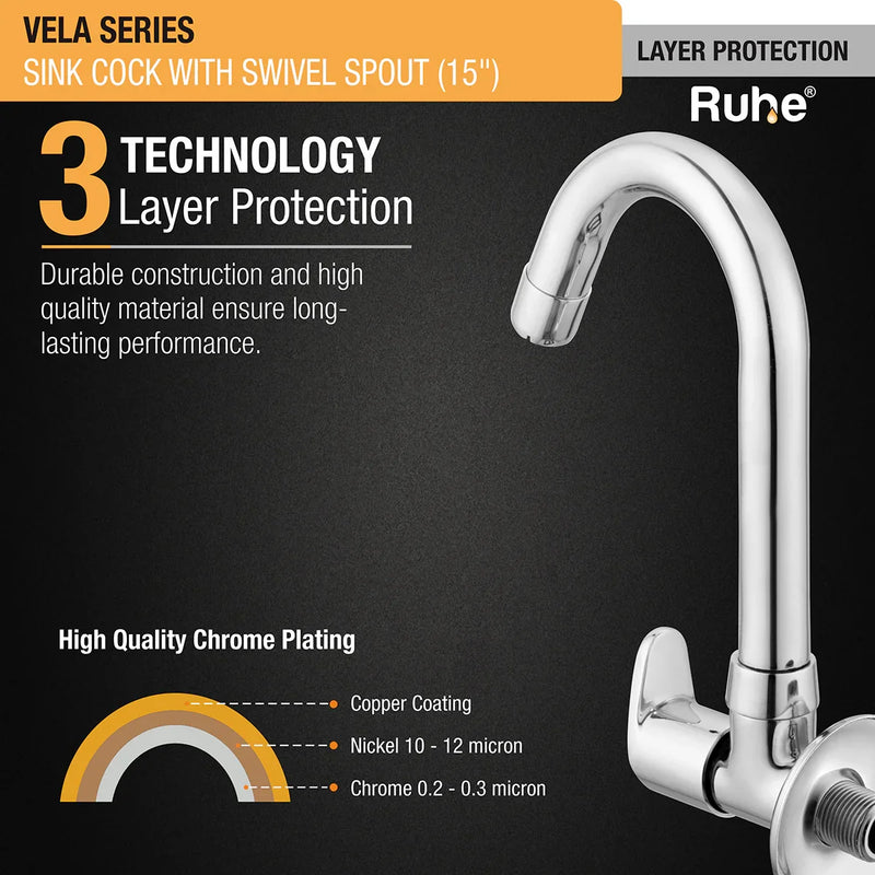 Vela Wall-mount Kitchen Sink Tap with Medium Swivel Spout (15") - by Ruhe