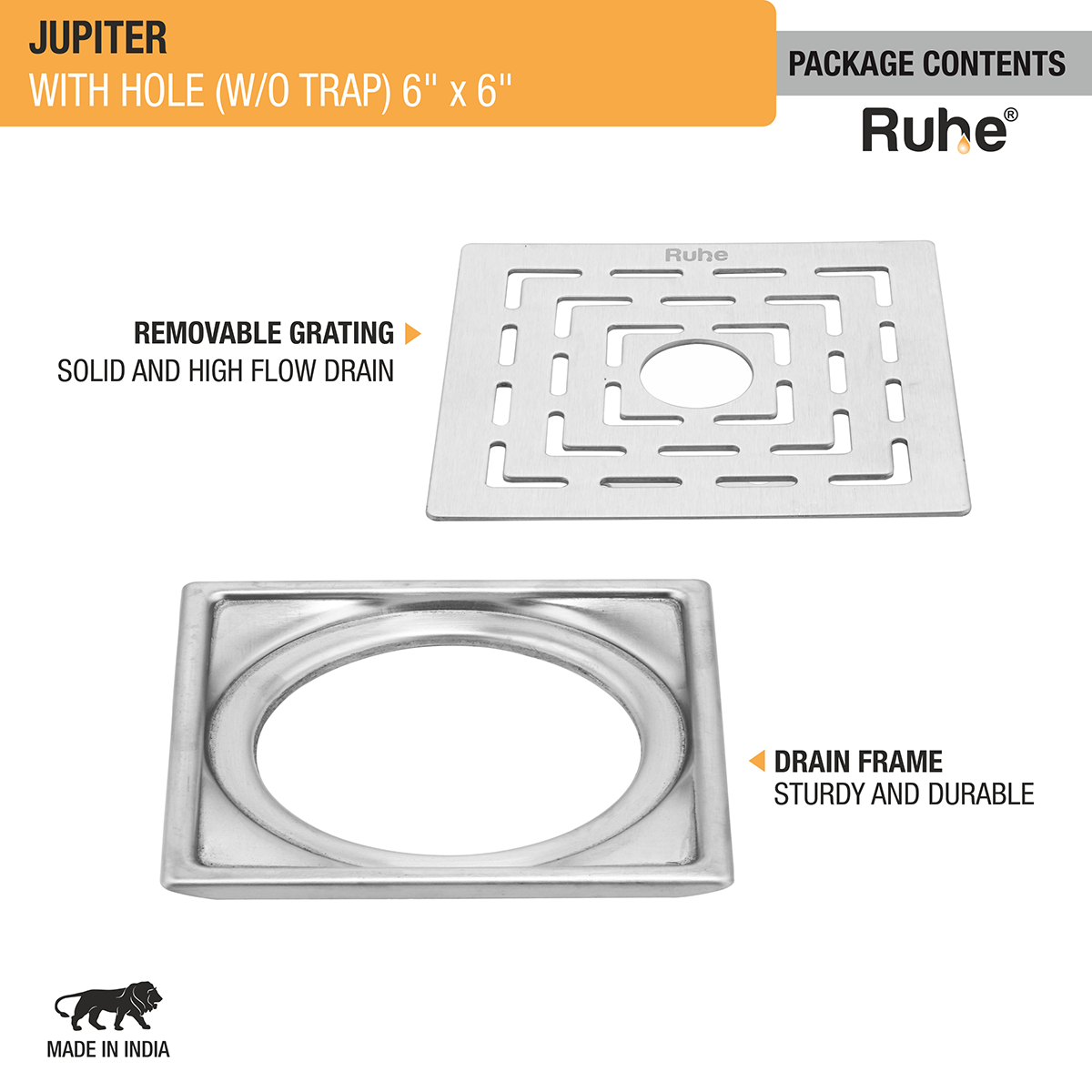 Jupiter Square Premium Floor Drain (6 x 6 Inches) with Hole - by Ruhe®