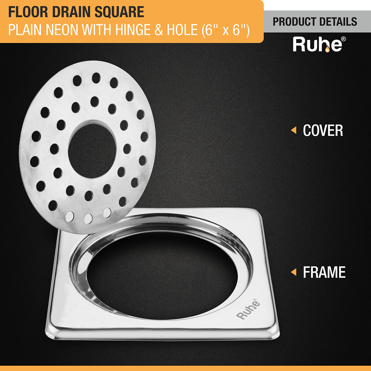 Plain Neon Square Floor Drain (6 x 6 inches) with Hole and Hinged Grating Top - by Ruhe®