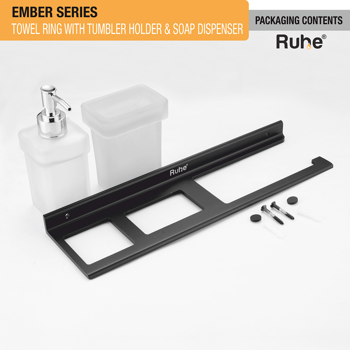 Ember Towel Ring with Tumbler Holder & Soap Dispenser (Space Aluminium) package content