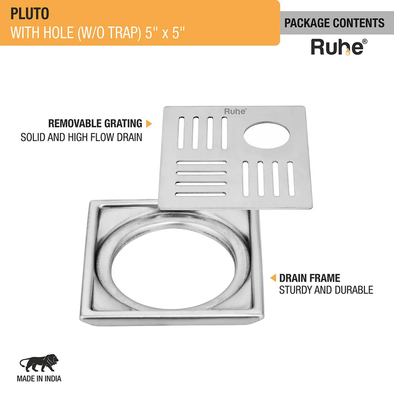 Pluto Square Premium Floor Drain (5 x 5 Inches) with Hole - by Ruhe