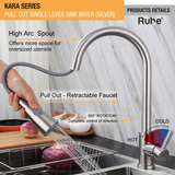 Kara Pull-out Single Lever Table Mount Sink Mixer Faucet with Dual Flow (Silver) 304-Grade SS with high arc spout, pull-out faucet, hot and cold functionality