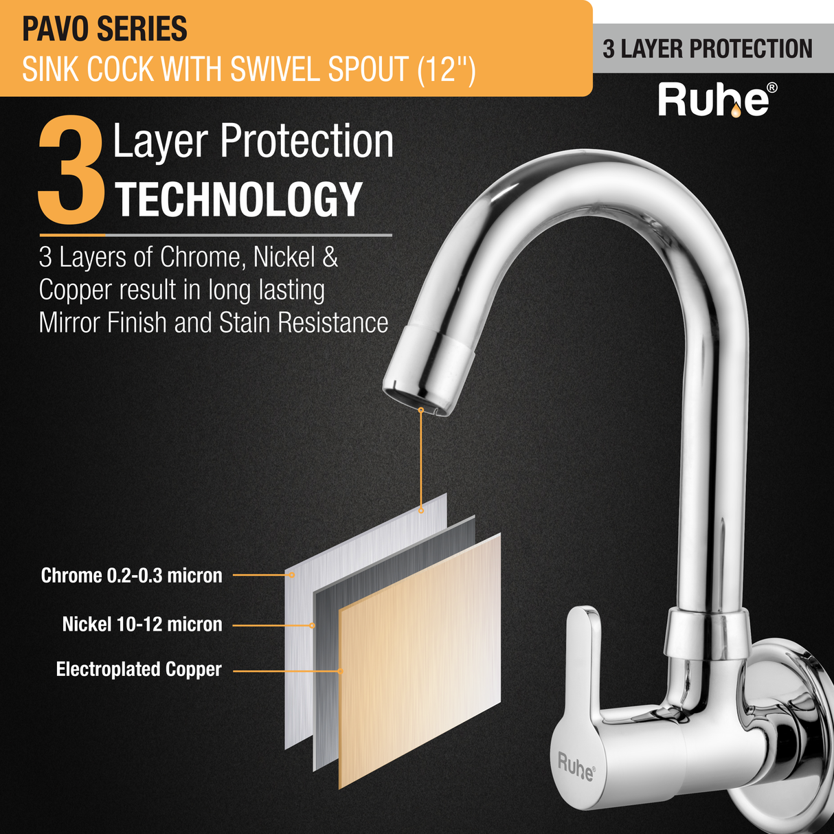 Pavo Sink Tap with Small (12 inches) Round Swivel Spout Brass Faucet 3 layer protection