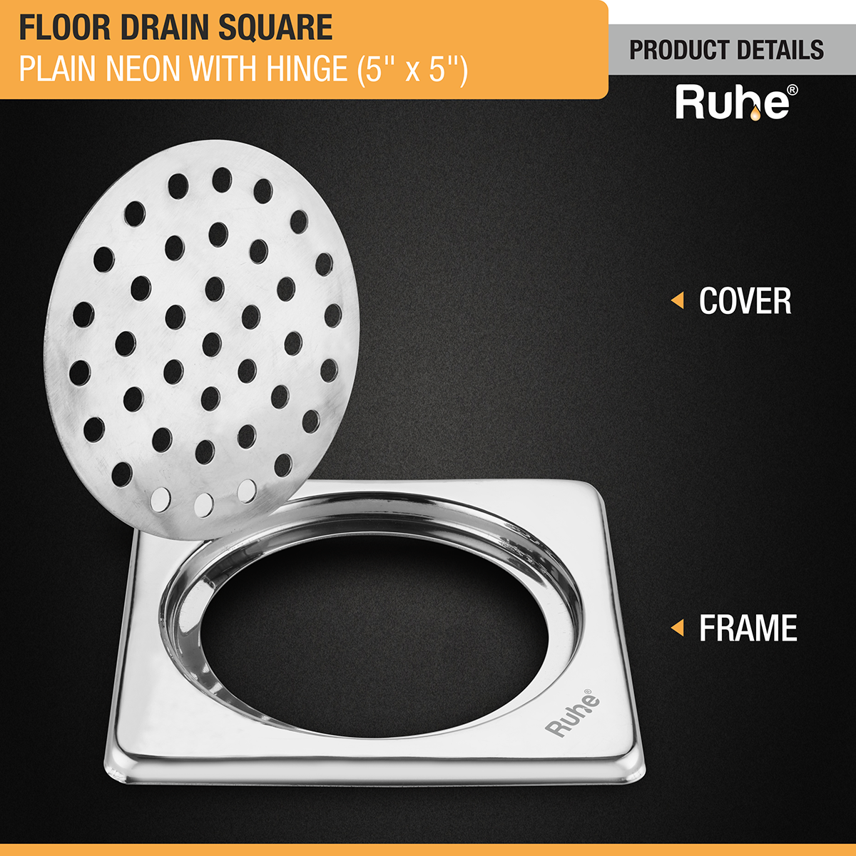 Plain Neon Square Floor Drain (5 x 5 inches) with Hinged Grating Top - by Ruhe®