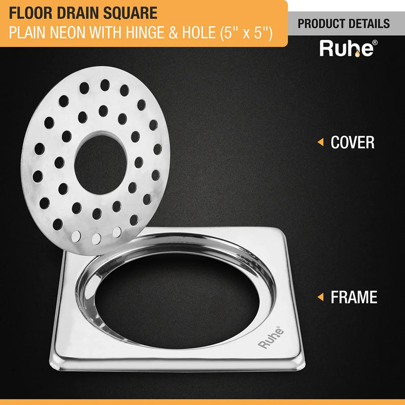 Plain Neon Square Floor Drain (5 x 5 inches) with Hole and Hinged Grating Top - by Ruhe