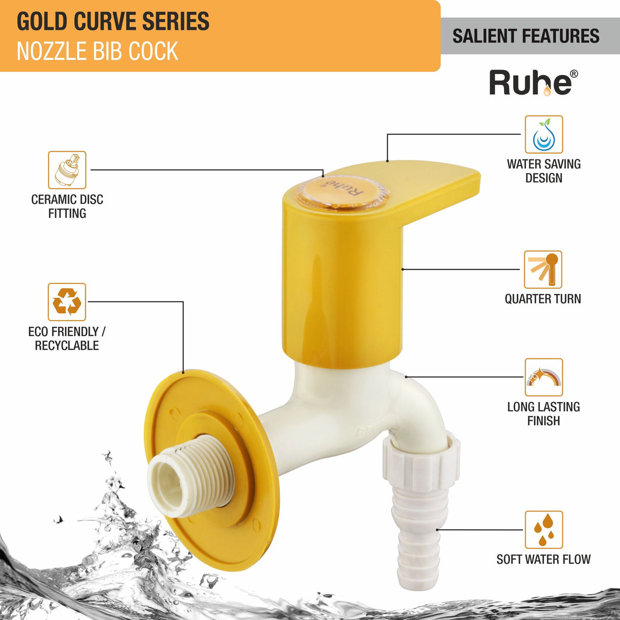 Gold Curve Nozzle Bib Tap PTMT Faucet - by Ruhe®