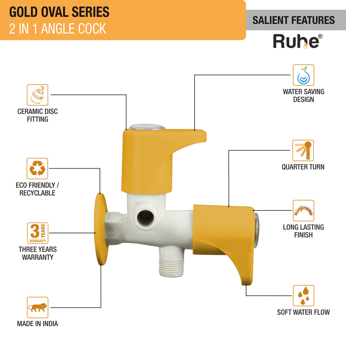 Gold Oval Two Way Angle Valve PTMT Faucet (Double Handle) - by Ruhe®