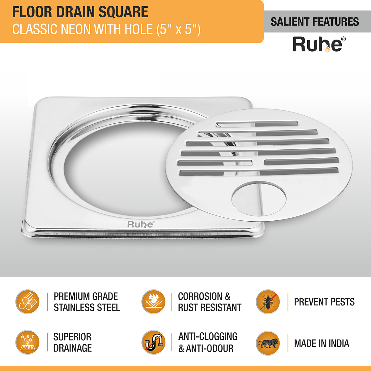 Classic Neon with Collar Square Floor Drain (5 x 5 Inches) with Hole - by Ruhe®