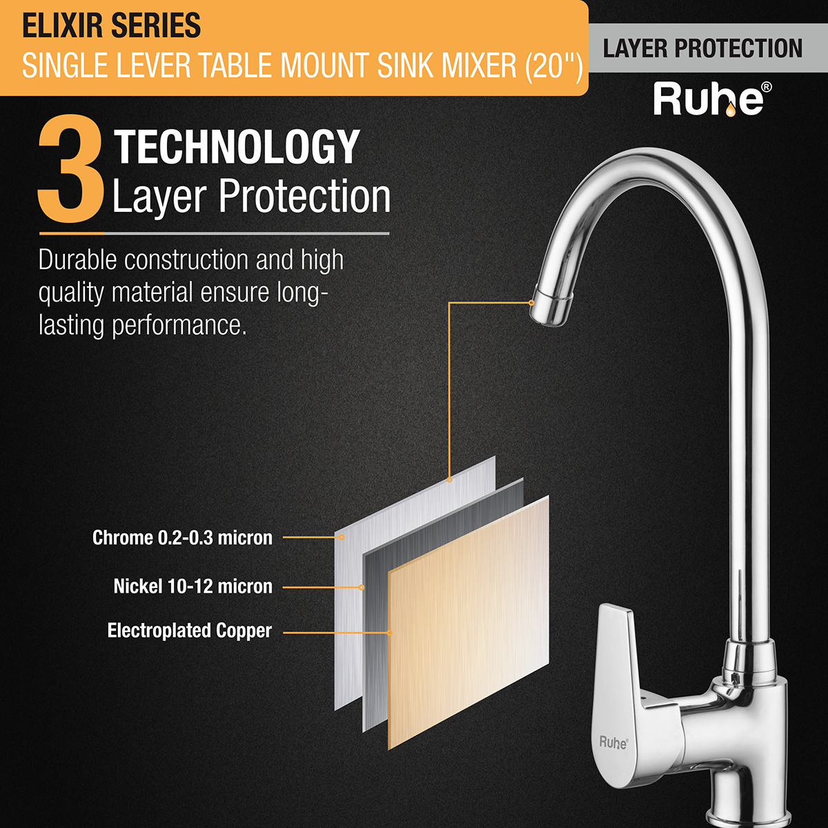 Elixir Single Lever Table Mount Sink Mixer Brass Faucet with Large (20 inches) Round Swivel Spout 3 layer protection