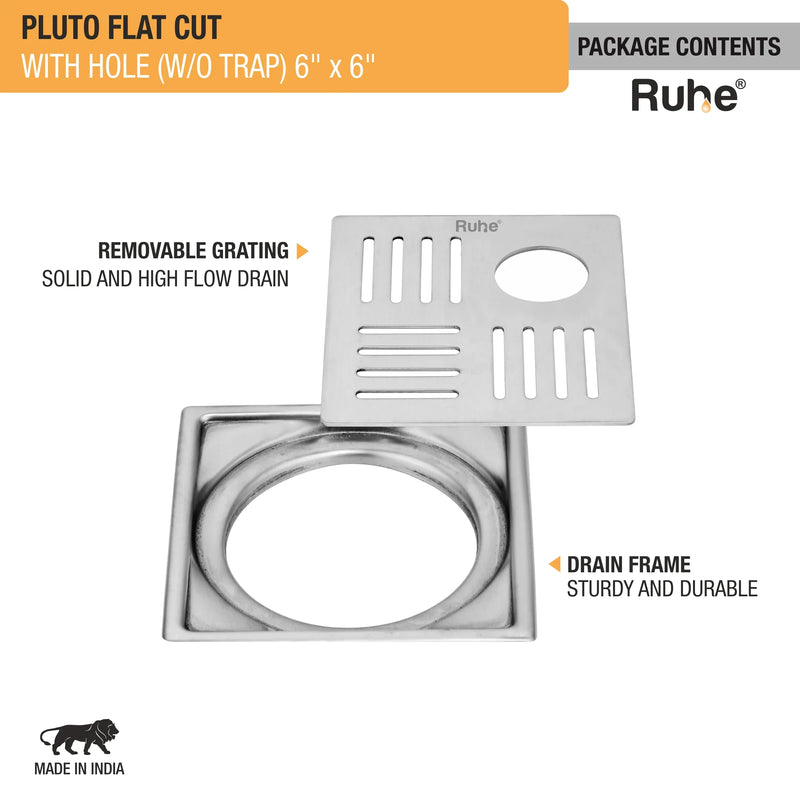 Pluto Square Premium Flat Cut Floor Drain (6 x 6 Inches) with Hole - by Ruhe
