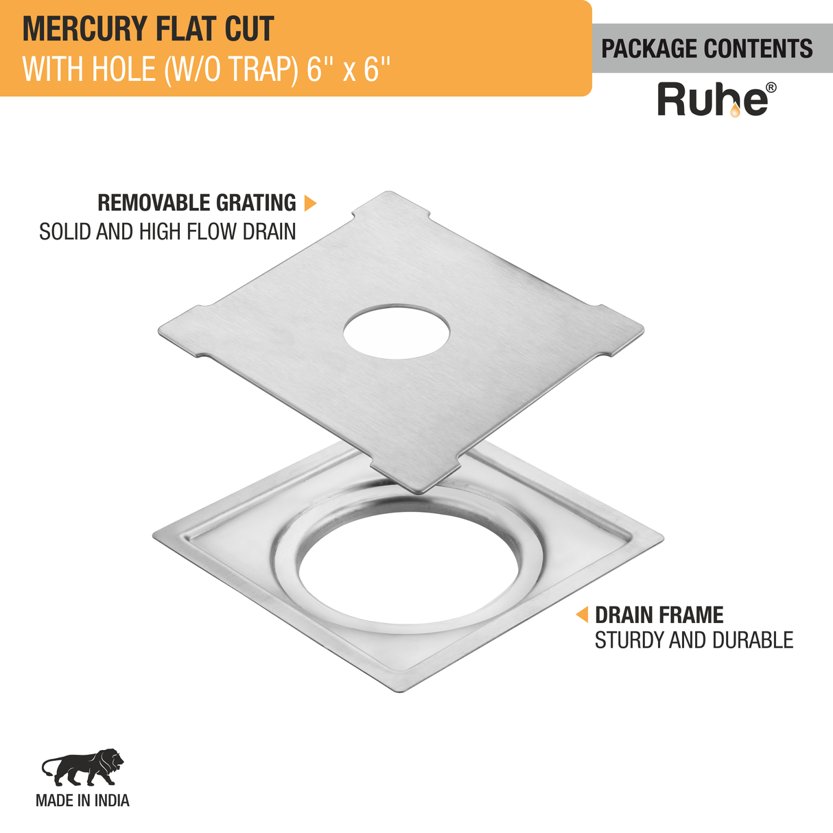 Mercury Square Premium Flat Cut Floor Drain (6 x 6 Inches) with Hole - by Ruhe®