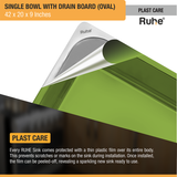 Oval Single Bowl (42 x 20 x 9 inches) Premium Stainless Steel Kitchen Sink with Drainboard plast care