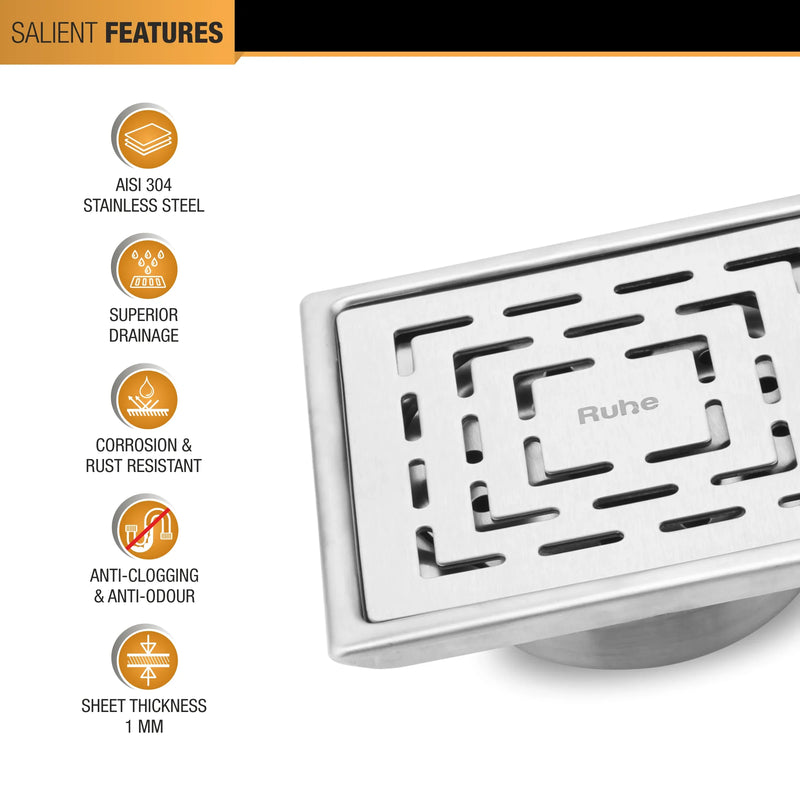 Sapphire Square 304-Grade Floor Drain with Collar & Cockroach Trap (5 x 5 Inches) - by Ruhe