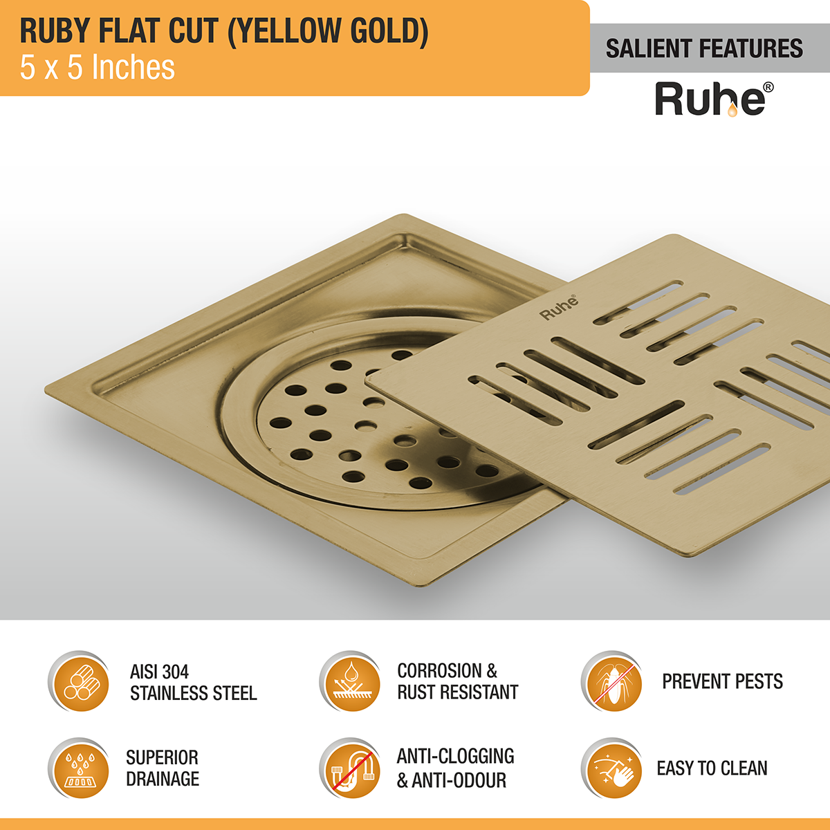 Ruby Square Flat Cut Floor Drain in Yellow Gold PVD Coating (5 x 5 Inches) features