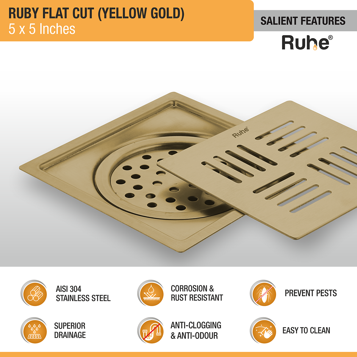 Ruby Square Flat Cut Floor Drain in Yellow Gold PVD Coating (5 x 5 Inches) - by Ruhe®