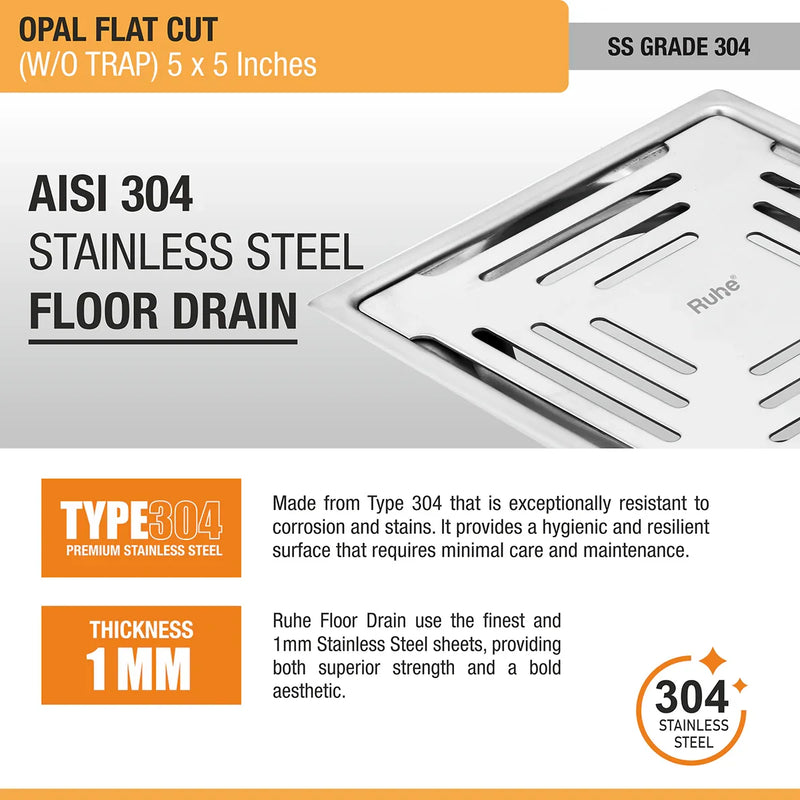 Opal Square Flat Cut 304-Grade Floor Drain (5 x 5 Inches) - by Ruhe