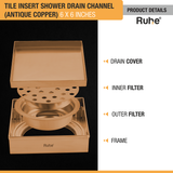 Tile Insert Shower Drain Channel (6 x 6 Inches) ROSE GOLD PVD Coated with drain cover, inner filter, outer filter, and fram