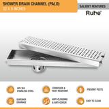 Palo Shower Drain Channel (32 x 5 Inches) with Cockroach Trap (304 Grade) features