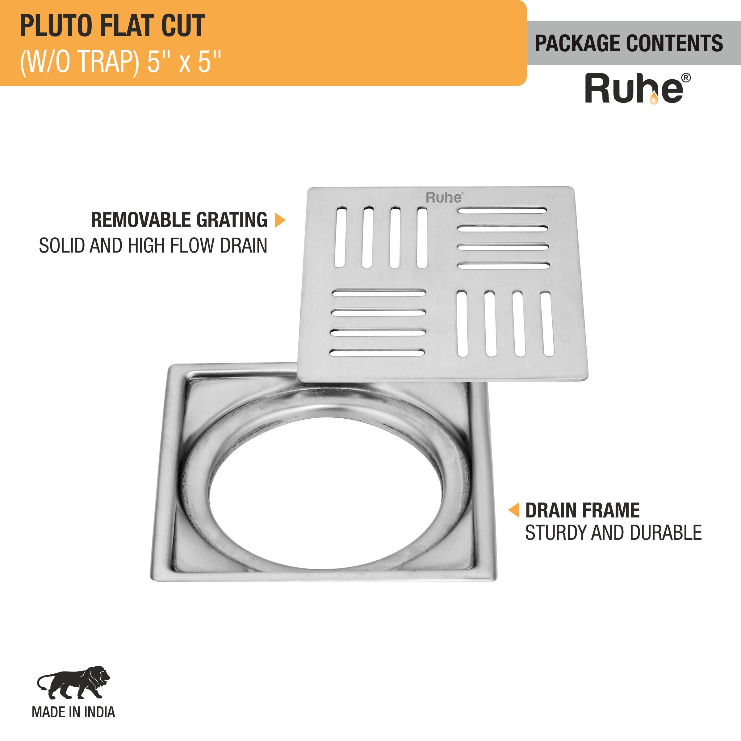 Pluto Square Premium Flat Cut Floor Drain (5 x 5 Inches) package content