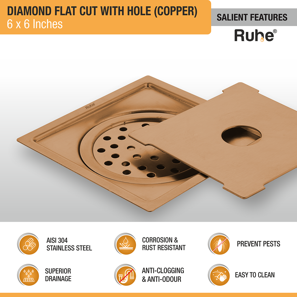 Diamond Square Flat Cut Floor Drain in Antique Copper PVD Coating (6 x 6 Inches) with Hole features