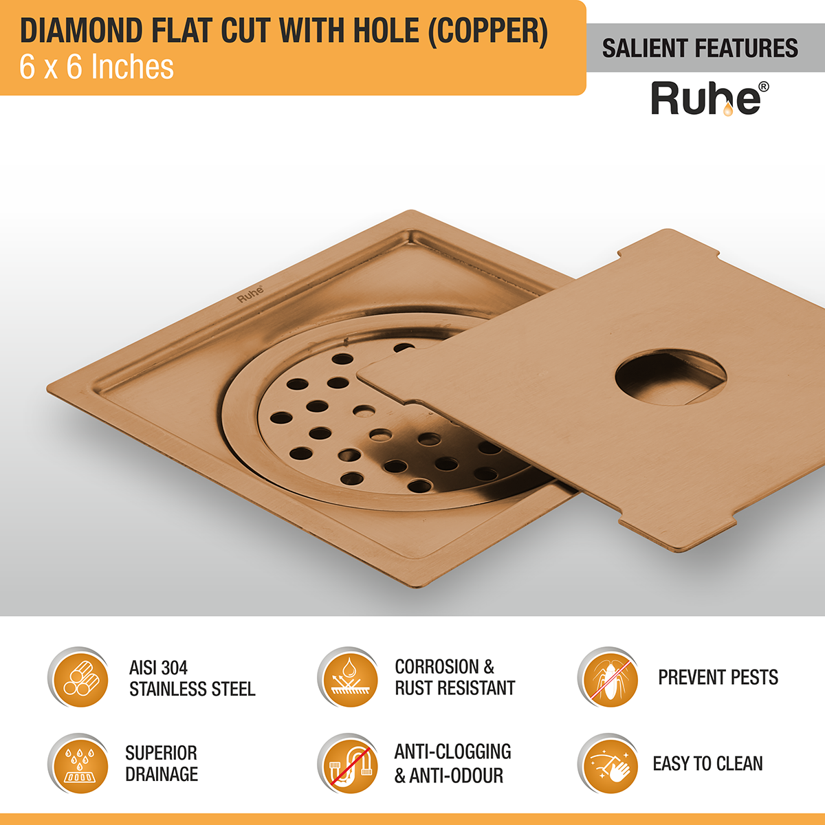 Diamond Square Flat Cut Floor Drain in Antique Copper PVD Coating (6 x 6 Inches) with Hole - by Ruhe®