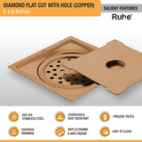 Diamond Square Flat Cut Floor Drain in Antique Copper PVD Coating (6 x 6 Inches) with Hole features
