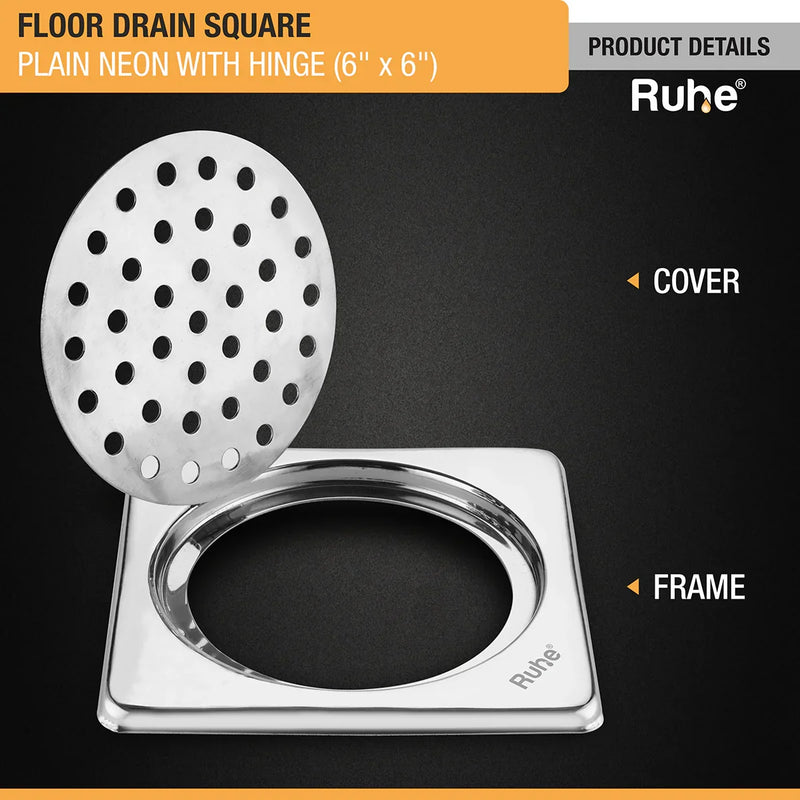 Plain Neon Square Floor Drain (6 x 6 inches) with Hinged Grating Top - by Ruhe