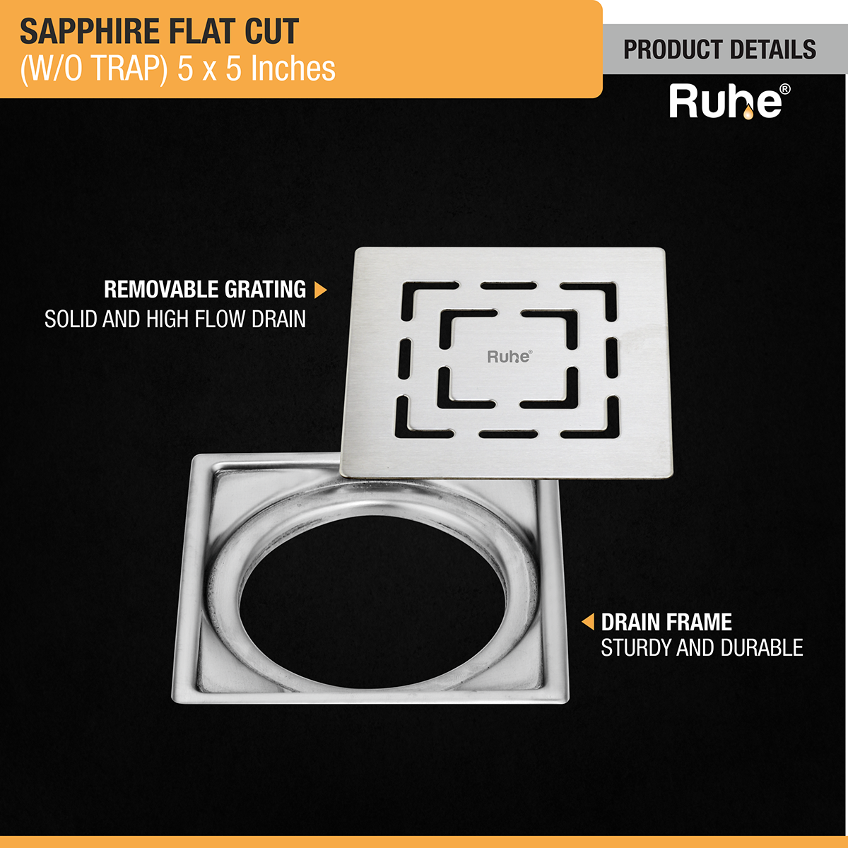 Sapphire Square Flat Cut 304-Grade Floor Drain (5 x 5 Inches) - by Ruhe®