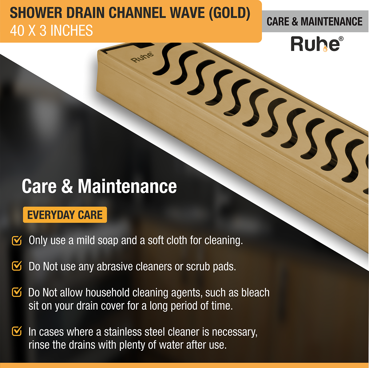 Wave Shower Drain Channel (40 x 3 Inches) YELLOW GOLD PVD Coated - by Ruhe®