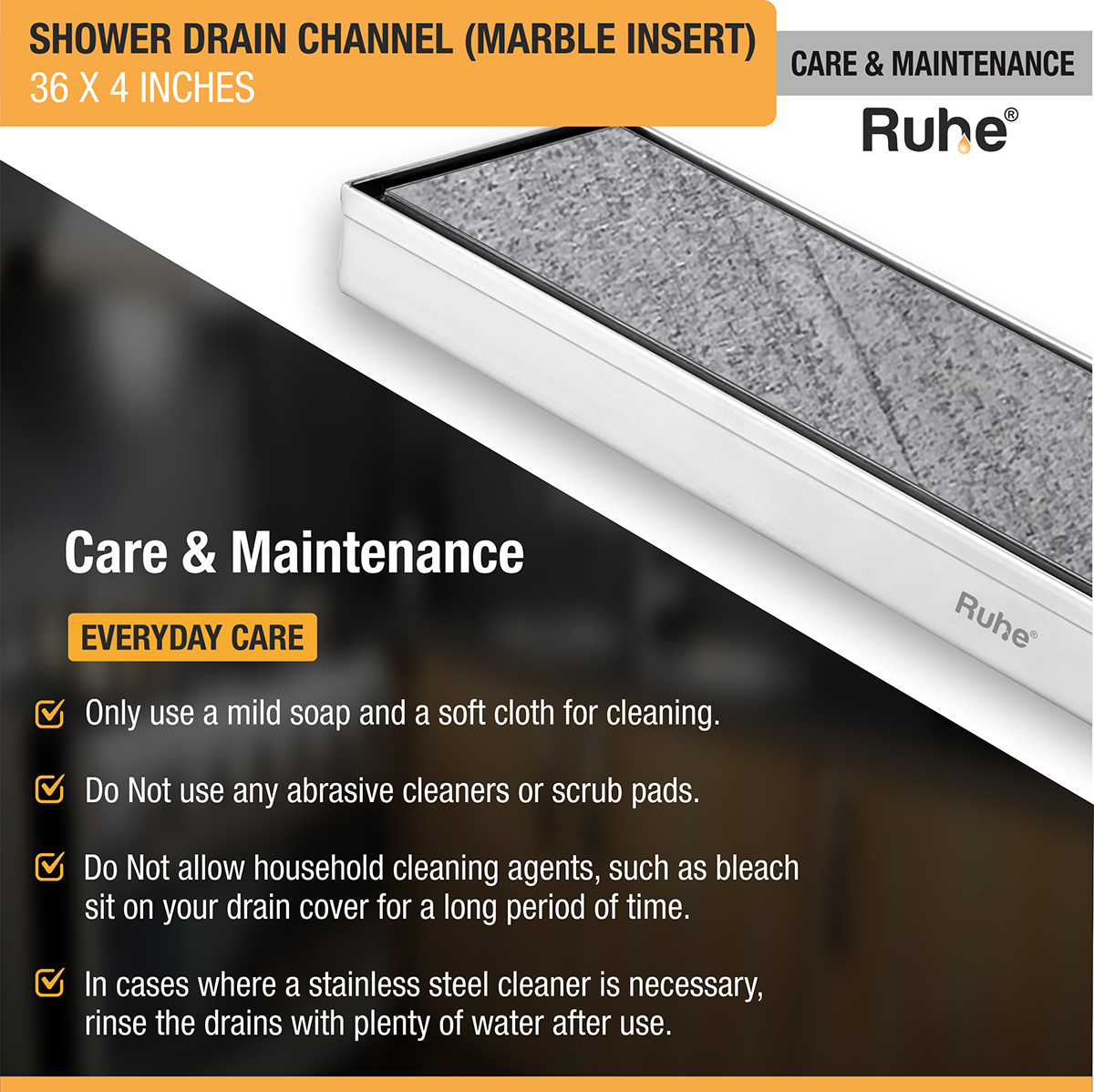 Marble Insert Shower Drain Channel (36 x 4 Inches) with Cockroach Trap (304 Grade) - by Ruhe®