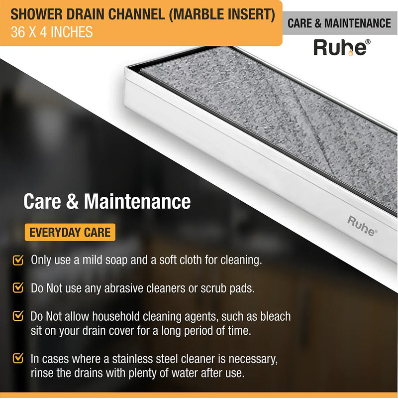 Marble Insert Shower Drain Channel (36 x 4 Inches) with Cockroach Trap (304 Grade) - by Ruhe
