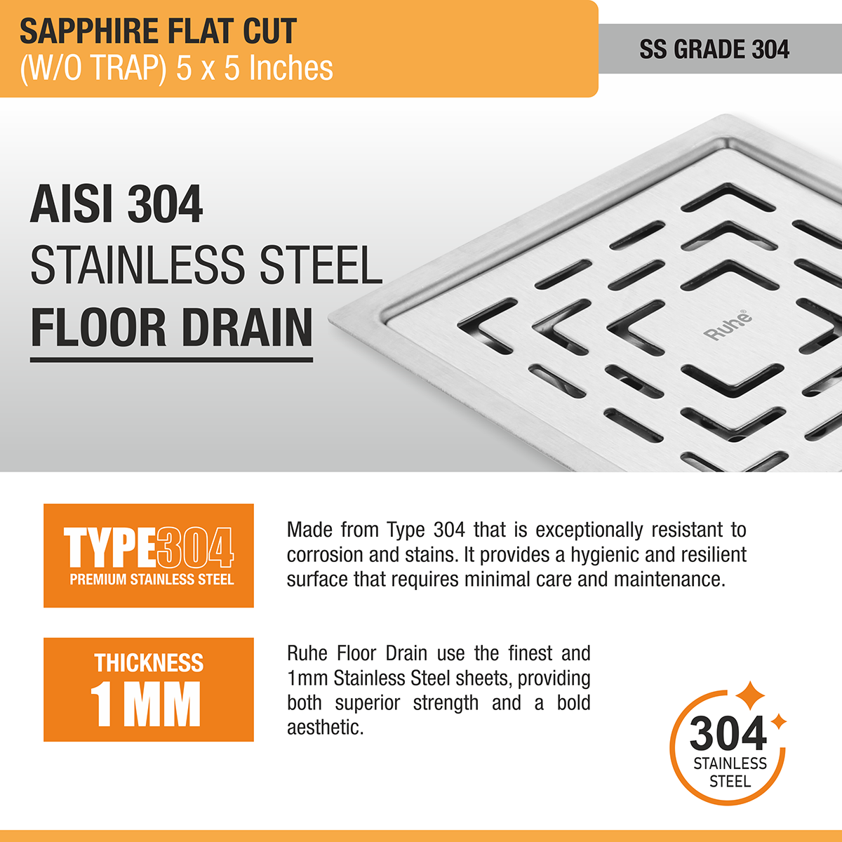 Sapphire Square Flat Cut 304-Grade Floor Drain (5 x 5 Inches) stainless steel