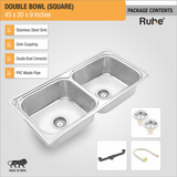 Square Double Bowl Premium Stainless Steel Kitchen Sink (45 x 20 x 9 inches) with sink coupling, waste pipe, and doublw bowl connector
