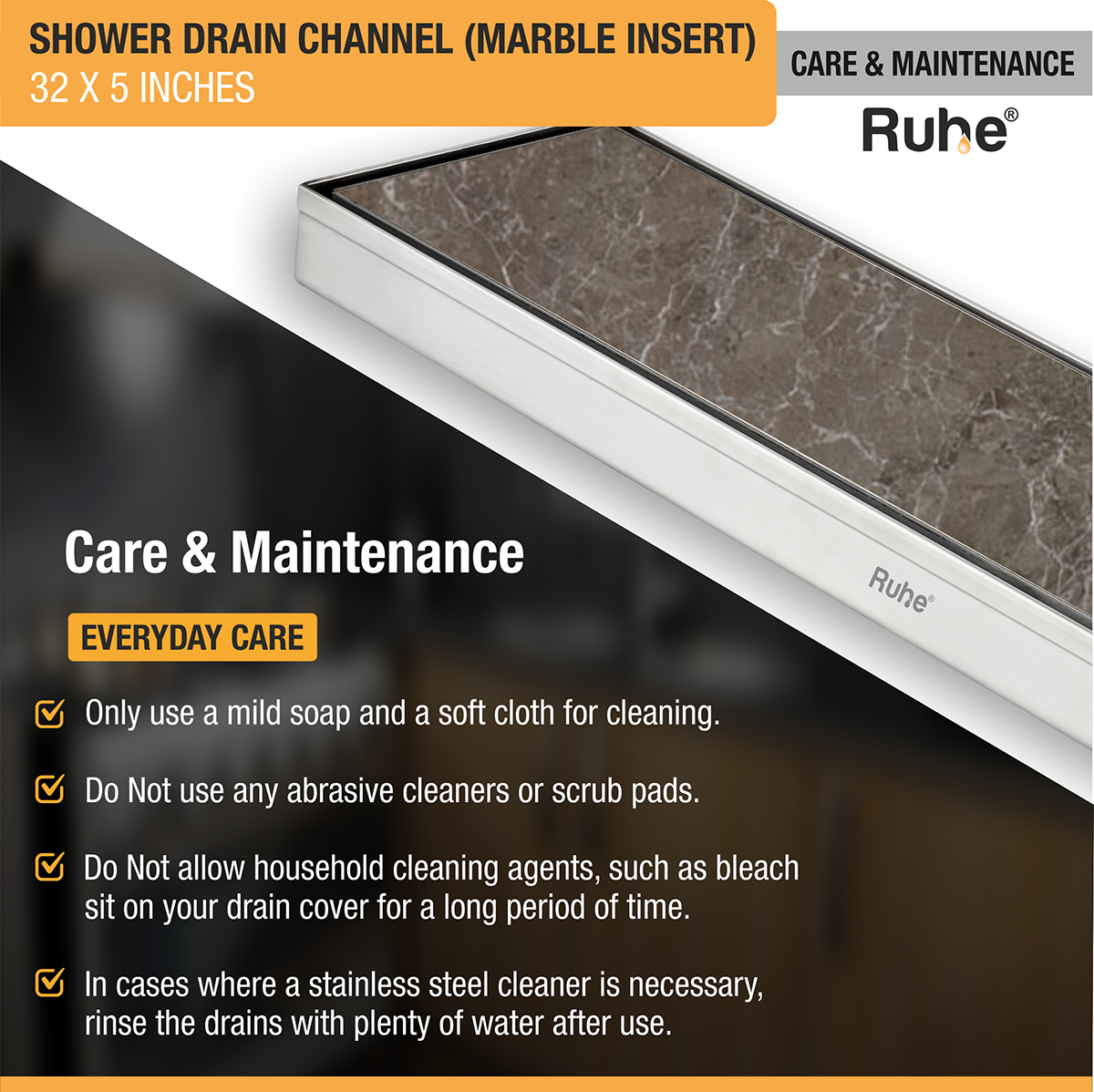 Marble Insert Shower Drain Channel (32 x 5 Inches) with Cockroach Trap (304 Grade) - by Ruhe®