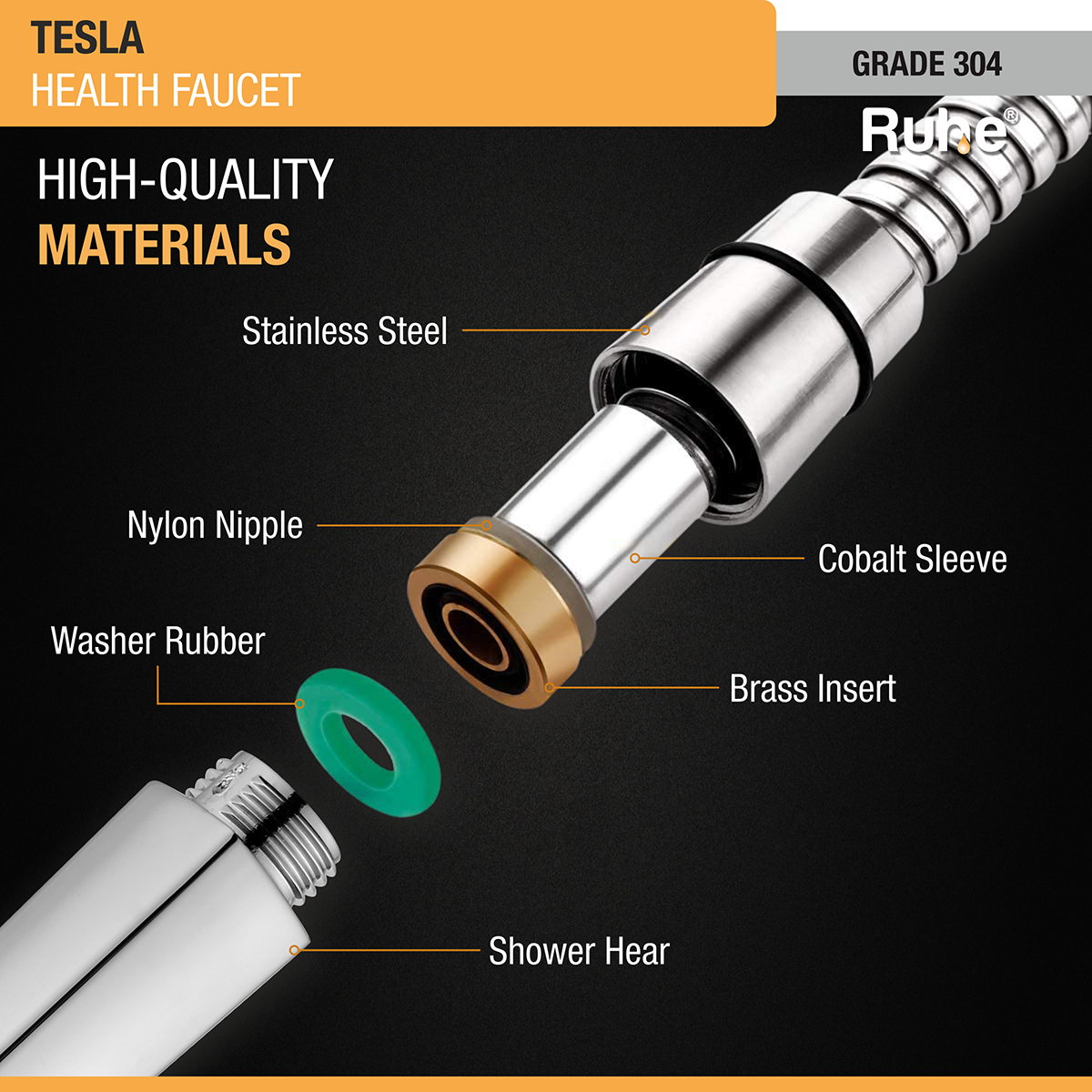 Tesla Health Faucet with Braided 1 Meter Flexible Hose (304 Grade) and Hook - by Ruhe®