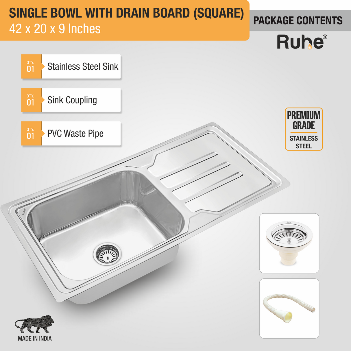 Square Single Bowl (42 x 20 x 9 Inches) Premium Stainless Steel Kitchen Sink with Drainboard package content