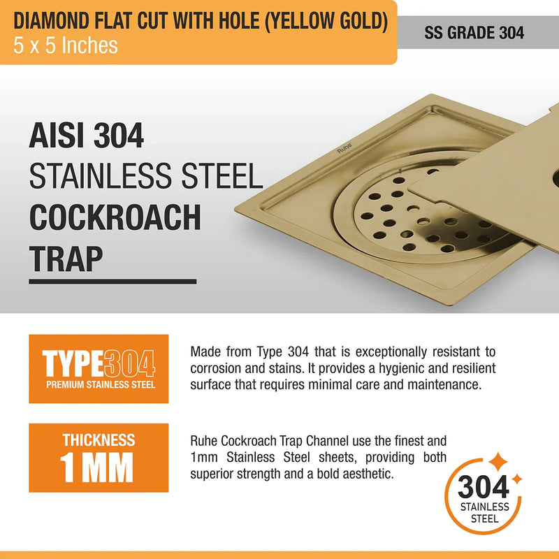 Diamond Square Flat Cut Floor Drain in Yellow Gold PVD Coating (5 x 5 Inches) with Hole - by Ruhe