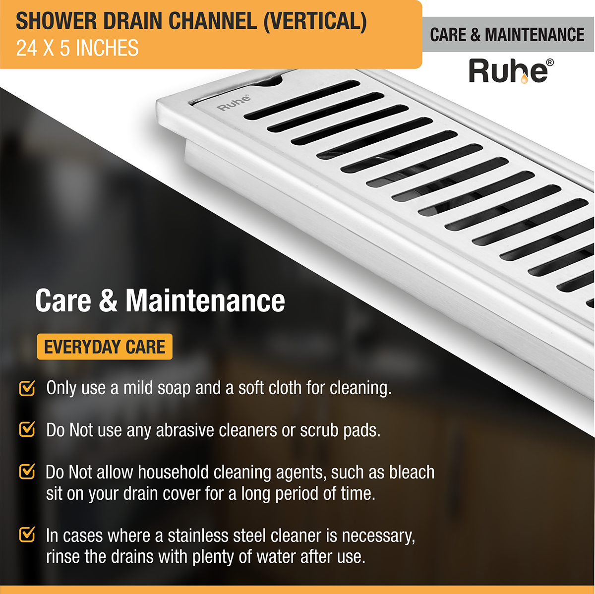 Vertical Shower Drain Channel (24 x 5 Inches) with Cockroach Trap (304 Grade) - by Ruhe®