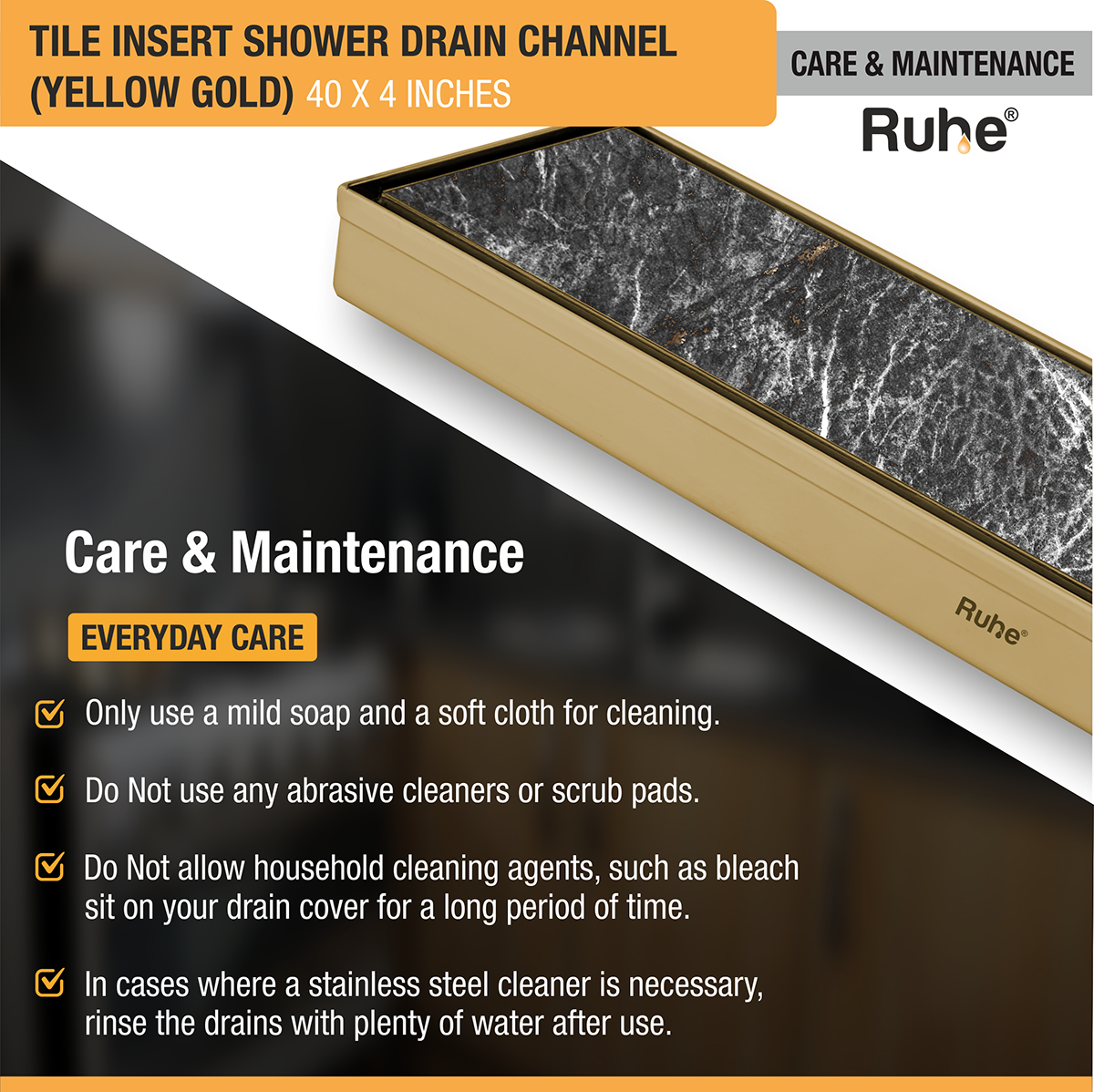 Tile Insert Shower Drain Channel (40 x 4 Inches) YELLOW GOLD PVD Coated - by Ruhe®